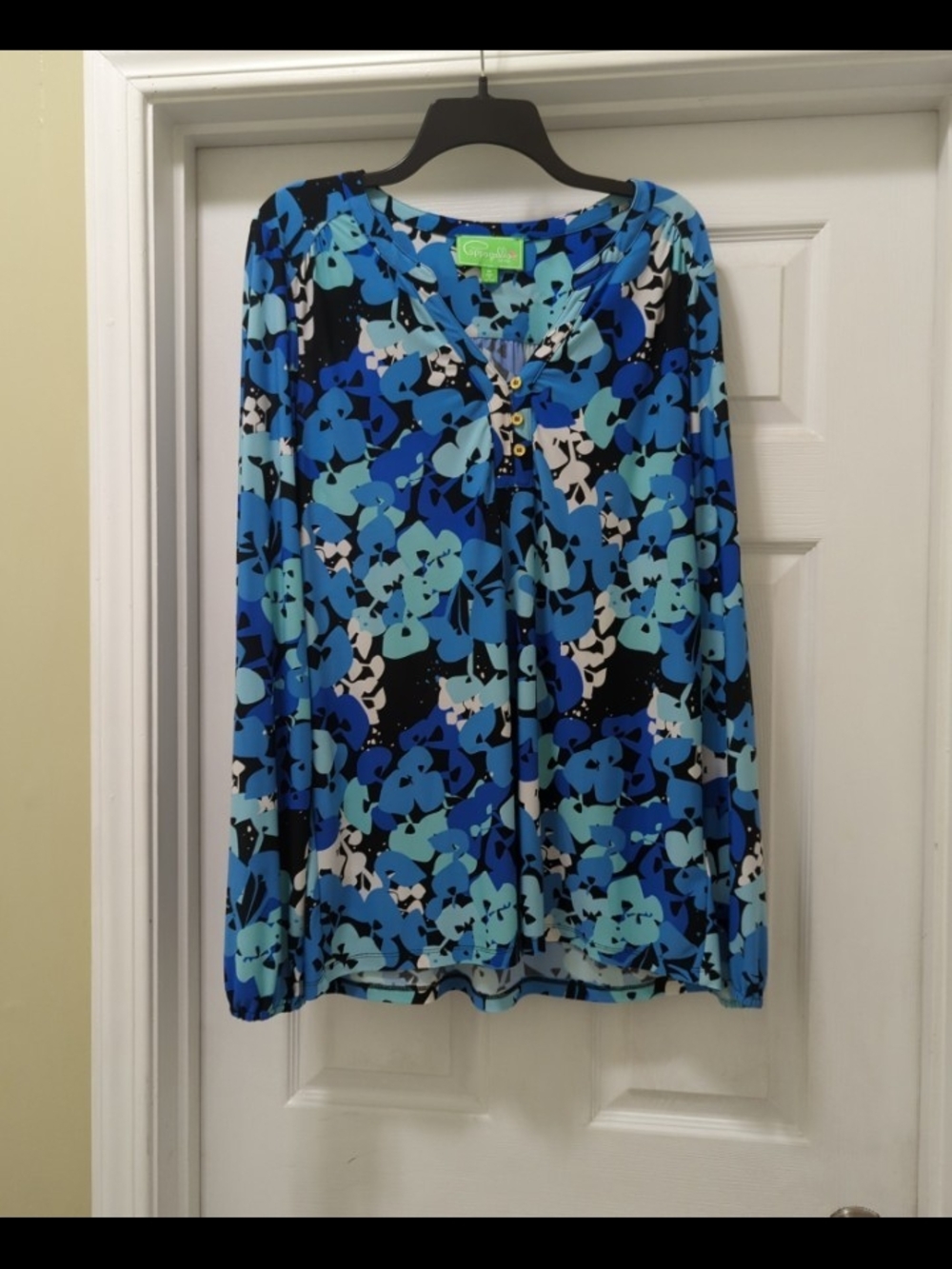 Cappagallo Blue V-Neck Floral Blouse Shirt Long Sleeve Polyester top Stretch M